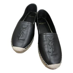 YSL Saint Laurent Black Nappa Leather Espadrilles Flat Shoes Logo